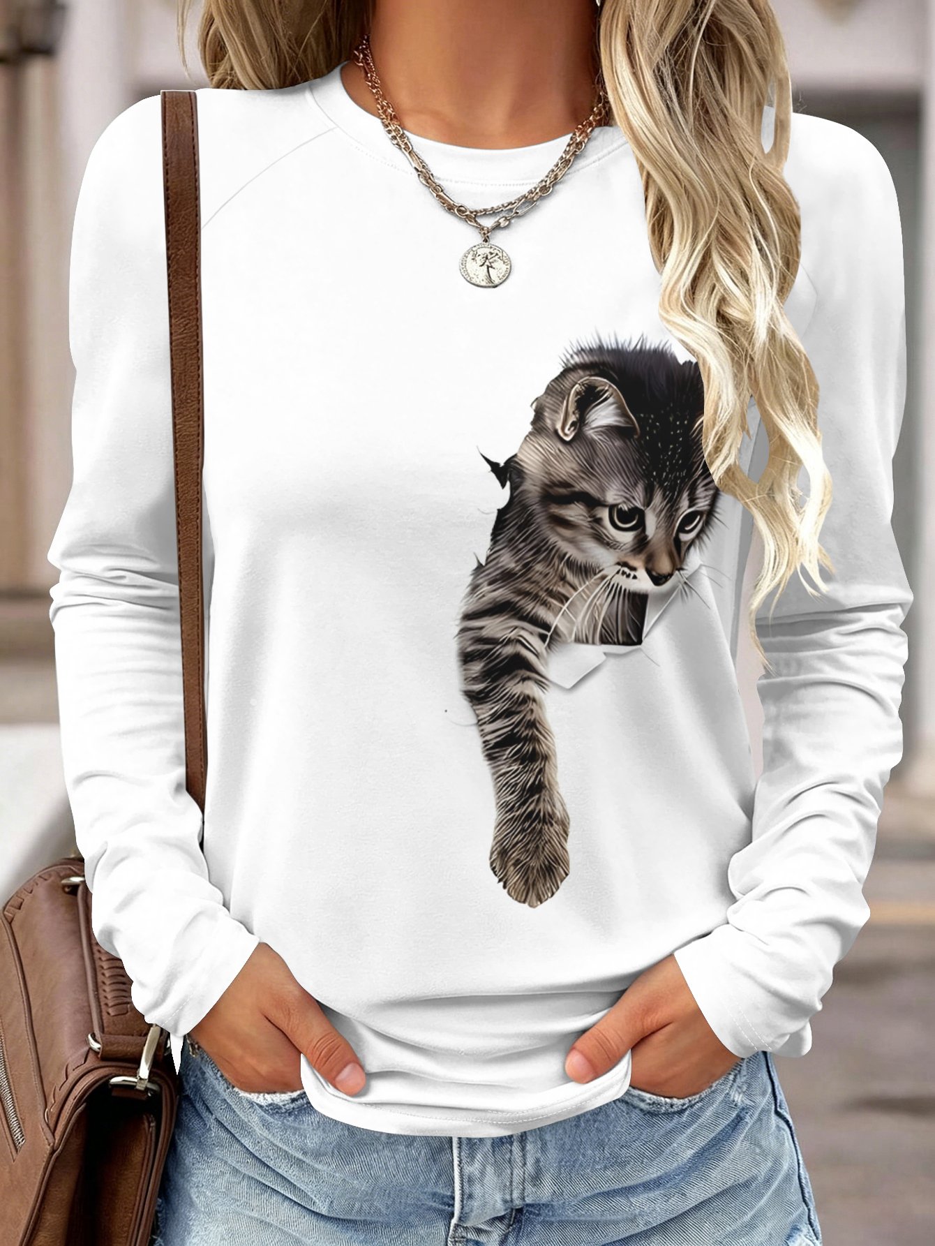 Wallpaper - Women Long Sleeve Shirt Pocket Cat